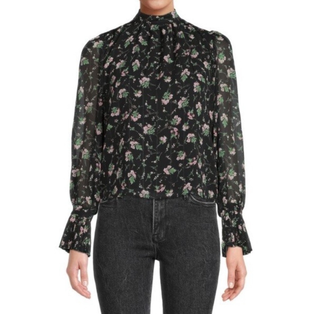 Anthropologie Lea & viola black floral Women's Blouse‎ ruffle sleeves S